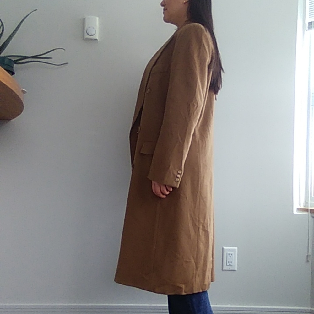 Loro Piana Hugo Boss vintage men's wool camel tan long trench coat peacoat Lrg - Picture 5 of 16